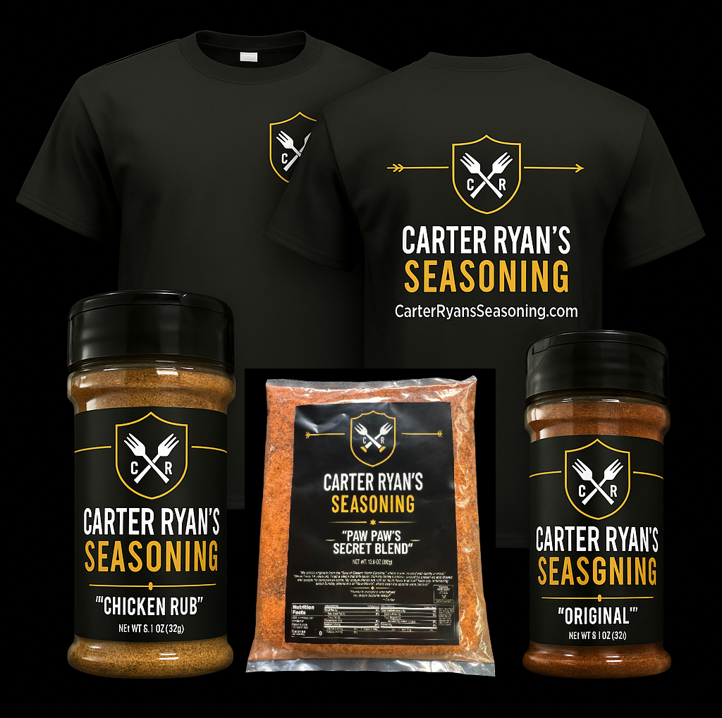 CRS Bundle - Original Seasoning (5.1oz), Chicken Rub (5.1oz), and Carter Ryan's Seasoning T-Shirt - Select a size